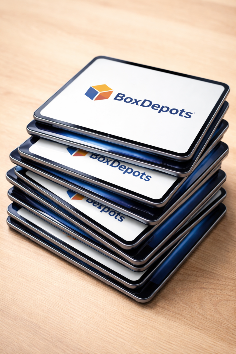 Sterta tabletów ułożonych jeden na drugim, na ekranach widoczne logo BoxDepots – nowoczesne rozwiązania technologiczne dla bezobsługowych magazynów self storage