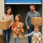 Rodzina z dziećmi wnosi kartony i pluszowe misie do magazynu samoobsługowego self storage.