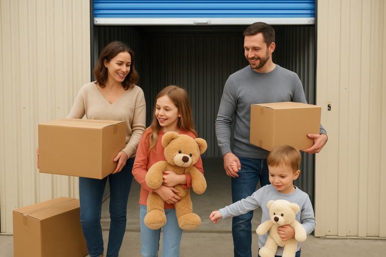 Rodzina z dziećmi wnosi kartony i pluszowe misie do magazynu samoobsługowego self storage.