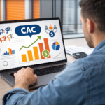 Operator self-storage analizujący CAC – koszt pozyskania klienta, wykresy marketingowe i dane finansowe na ekranie laptopa