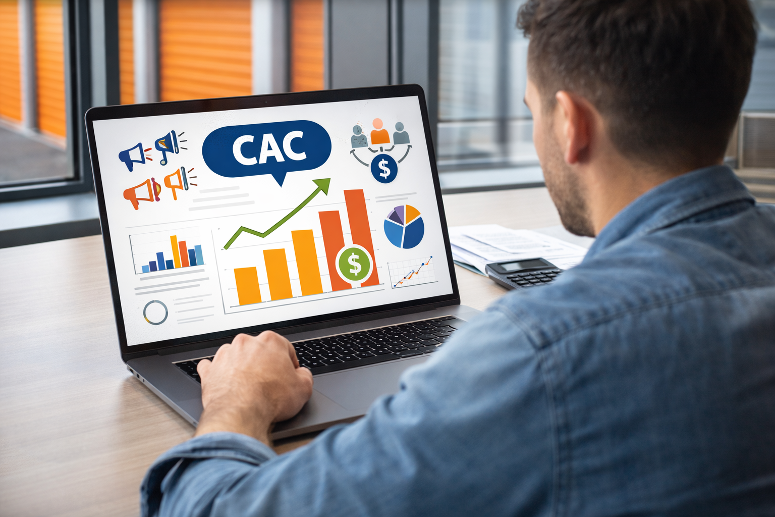 Operator self-storage analizujący CAC – koszt pozyskania klienta, wykresy marketingowe i dane finansowe na ekranie laptopa