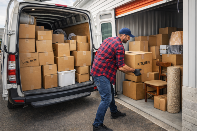 Pracownik firmy przeprowadzkowej rozładowujący paczki z busa do magazynu self storage podczas przeprowadzki