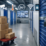 Box magazynowy w nowoczesnym magazynie self storage z granatowymi drzwiami i wózkiem transportowym