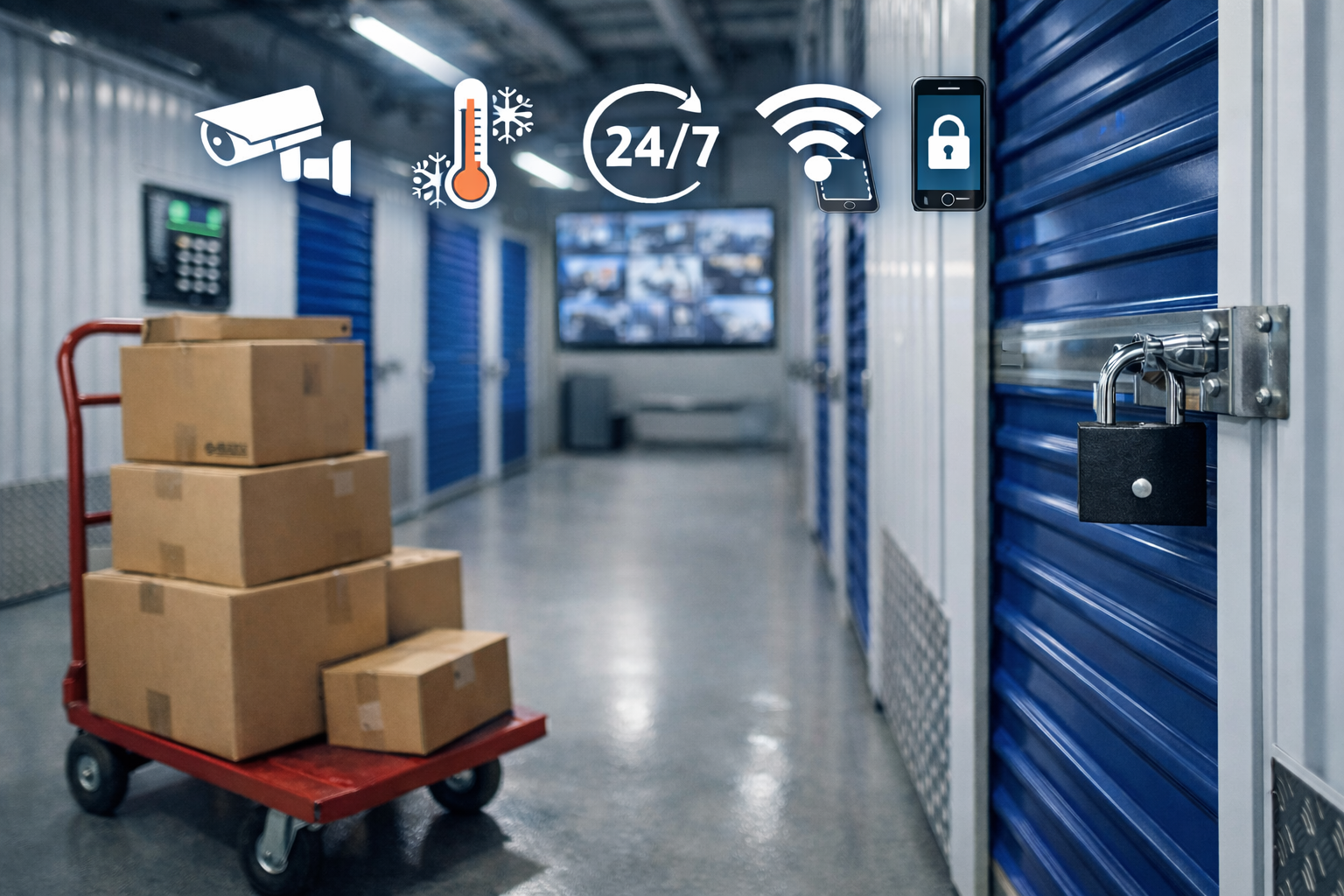 Box magazynowy w nowoczesnym magazynie self storage z granatowymi drzwiami i wózkiem transportowym