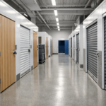 Widok wnętrza magazynu self storage z niebieskimi i białymi boxami magazynowymi ustawionymi w rzędach oraz kartonami w jednym z otwartych modułów