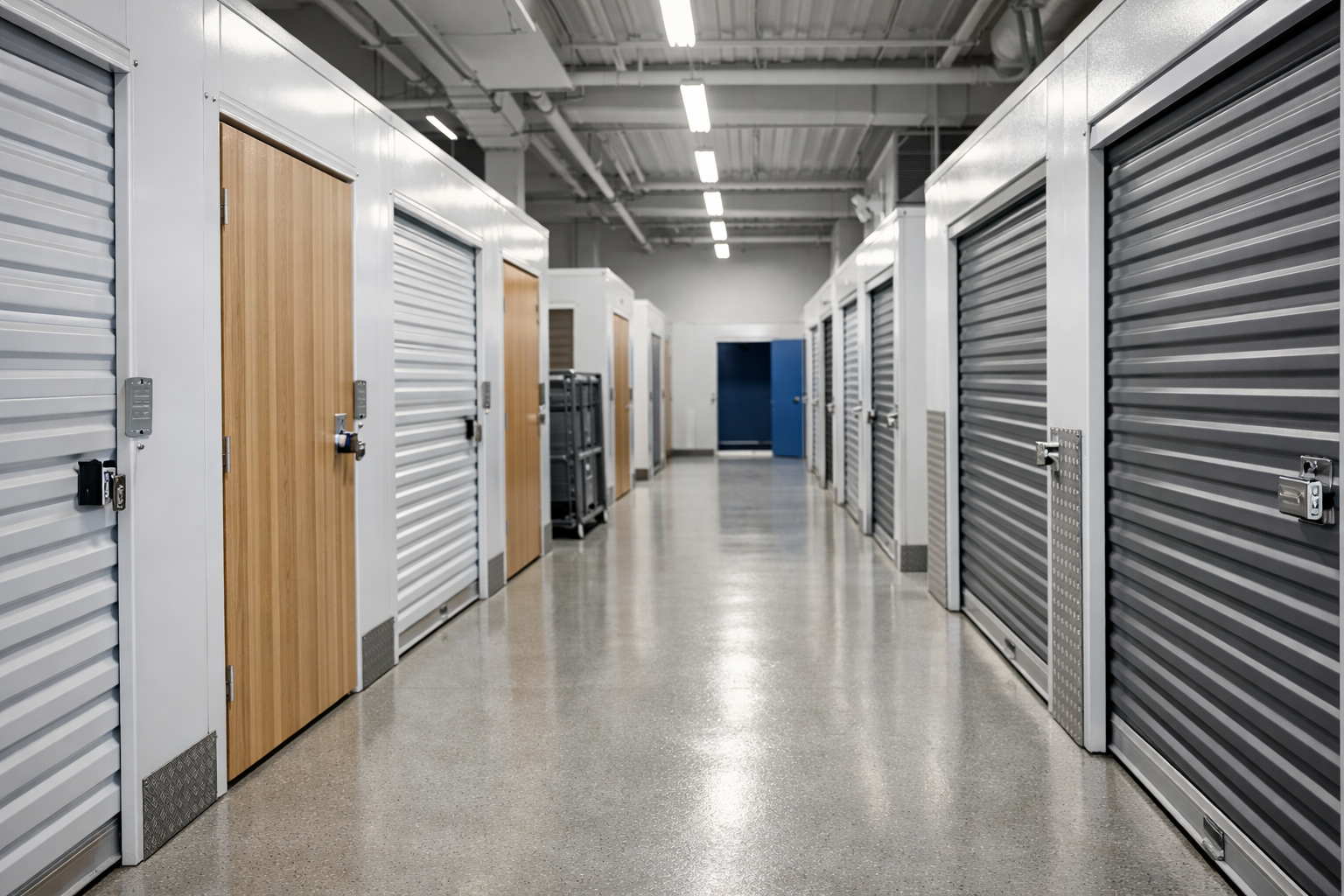 Widok wnętrza magazynu self storage z niebieskimi i białymi boxami magazynowymi ustawionymi w rzędach oraz kartonami w jednym z otwartych modułów