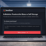 Laptop pokazujący interfejs BoxSizer – innowacyjnego kalkulatora powierzchni self storage, z wizualizacją paczek, mebli i roweru w magazynie.