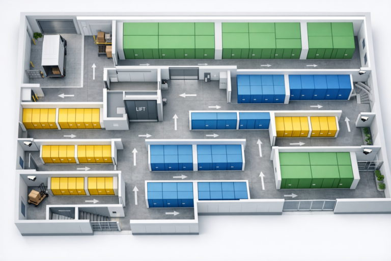 Rozmieszczenie boxów magazynowych w nowoczesnym magazynie self storage przedstawione na planie architektonicznym