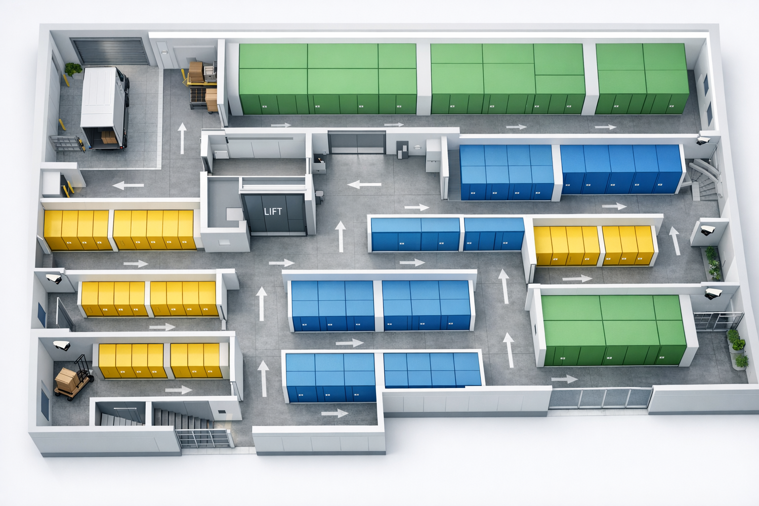 Rozmieszczenie boxów magazynowych w nowoczesnym magazynie self storage przedstawione na planie architektonicznym