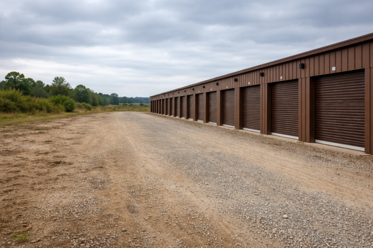 Wyzwania w branży self-storage – zewnętrzny widok brązowych jednostek magazynowych po jednej stronie placu, na nieutwardzonym terenie, symbolizujący ryzyka i ograniczenia inwestycyjne