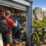 Osoba przechowująca kajak, rower górski i sprzęt wspinaczkowy w magazynie self-storage blisko Jury Krakowsko-Częstochowskiej. Wygodne rozwiązanie dla pasjonatów hobby.