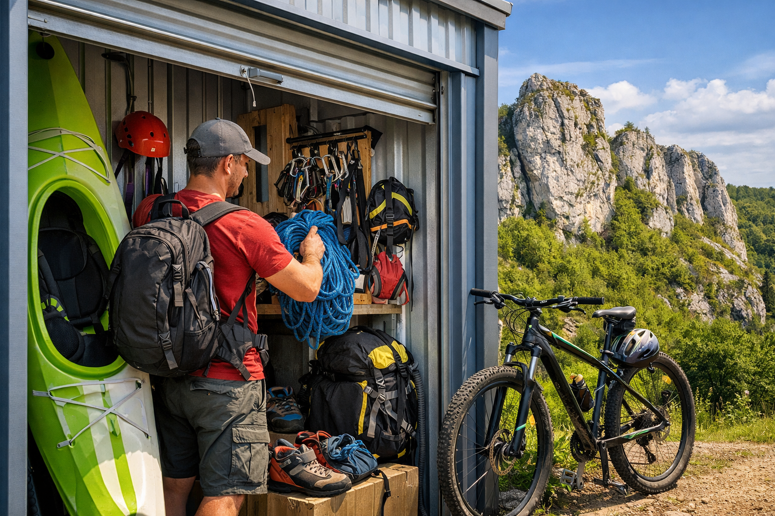 Osoba przechowująca kajak, rower górski i sprzęt wspinaczkowy w magazynie self-storage blisko Jury Krakowsko-Częstochowskiej. Wygodne rozwiązanie dla pasjonatów hobby.