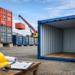 Kontenery magazynowe używane jako boxy self storage ustawione na placu, otwarty kontener magazynowy i montaż kontenerów