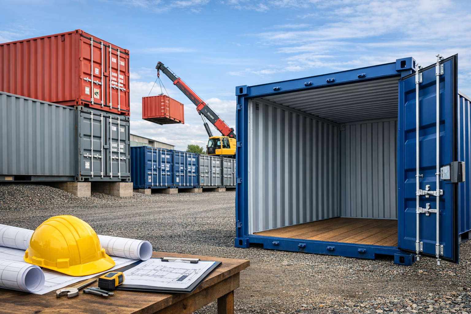 Kontenery magazynowe używane jako boxy self storage ustawione na placu, otwarty kontener magazynowy i montaż kontenerów