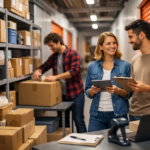 Magazyn self-storage jako zaplecze logistyczne dla startupów, z młodymi przedsiębiorcami pakującymi produkty i organizującymi przestrzeń magazynową