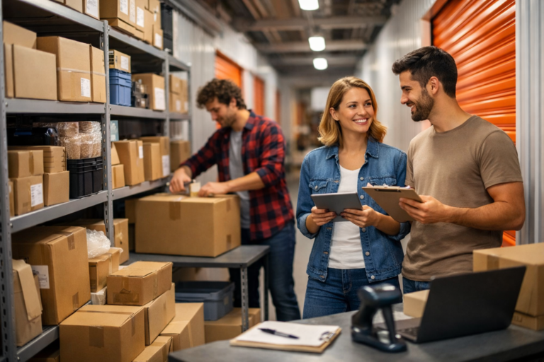 Magazyn self-storage jako zaplecze logistyczne dla startupów, z młodymi przedsiębiorcami pakującymi produkty i organizującymi przestrzeń magazynową