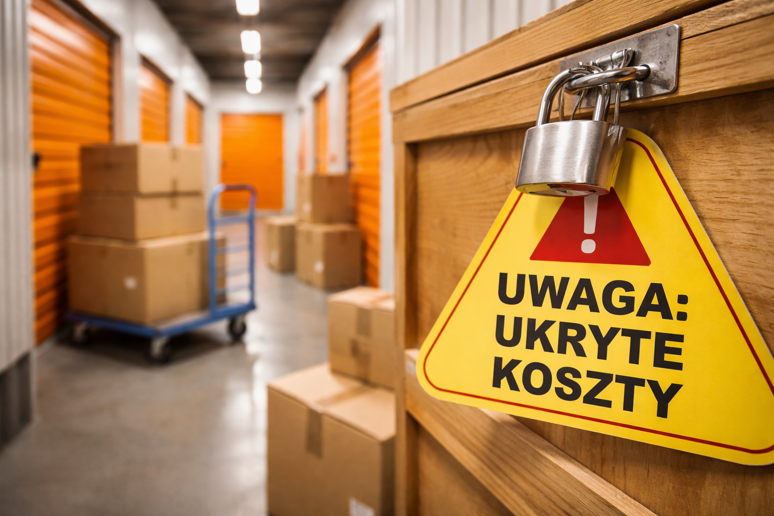 Zbliżenie na drewnianą skrzynię w magazynie self storage z kłódką i żółtym znakiem ostrzegawczym „Uwaga: ukryte koszty”, w tle widać rzędy pomarańczowych boksów i kartony