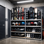 Self storage – wnętrze magazynu z nartami, snowboardami i kaskami zimowymi, bezpieczne przechowywanie sprzętu po sezonie.