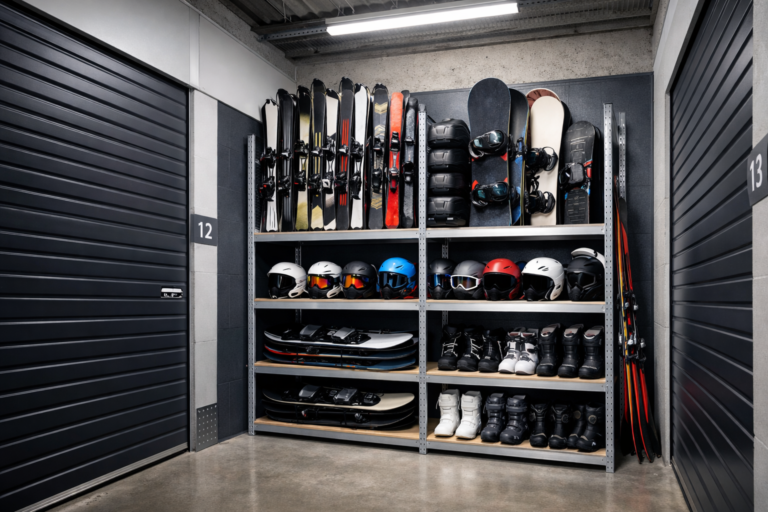 Self storage – wnętrze magazynu z nartami, snowboardami i kaskami zimowymi, bezpieczne przechowywanie sprzętu po sezonie.