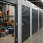 Self-storage – wnętrze nowoczesnego magazynu z grafitowymi drzwiami boksów i przechowywanymi przedmiotami.