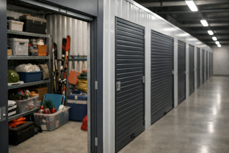 Self-storage – wnętrze nowoczesnego magazynu z grafitowymi drzwiami boksów i przechowywanymi przedmiotami.