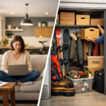 Kobieta pracująca zdalnie w salonie oraz uporządkowana komórka self storage z pudełkami, sprzętem sportowym i dokumentami.