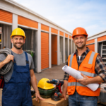 Dwóch robotników budowlanych stoi przed otwartymi kontenerami self-storage z narzędziami i materiałami budowlanymi, ubrani w kaski i kamizelki ochronne.