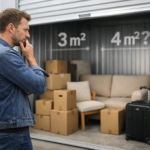 klient self storage próbujący ocenić metraż boksu na podstawie swoich rzeczy