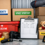 Oznaczone kartony i pojemniki w magazynie self storage z listą inwentaryzacyjną przechowywanych rzeczy