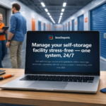 Nowoczesne centrum self storage z laptopem pokazującym leady i formularz kontaktowy do wynajmu magazynu