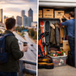 Młody mężczyzna z plecakiem patrzący na miasto o zachodzie słońca, symbol mobilnego stylu życia.