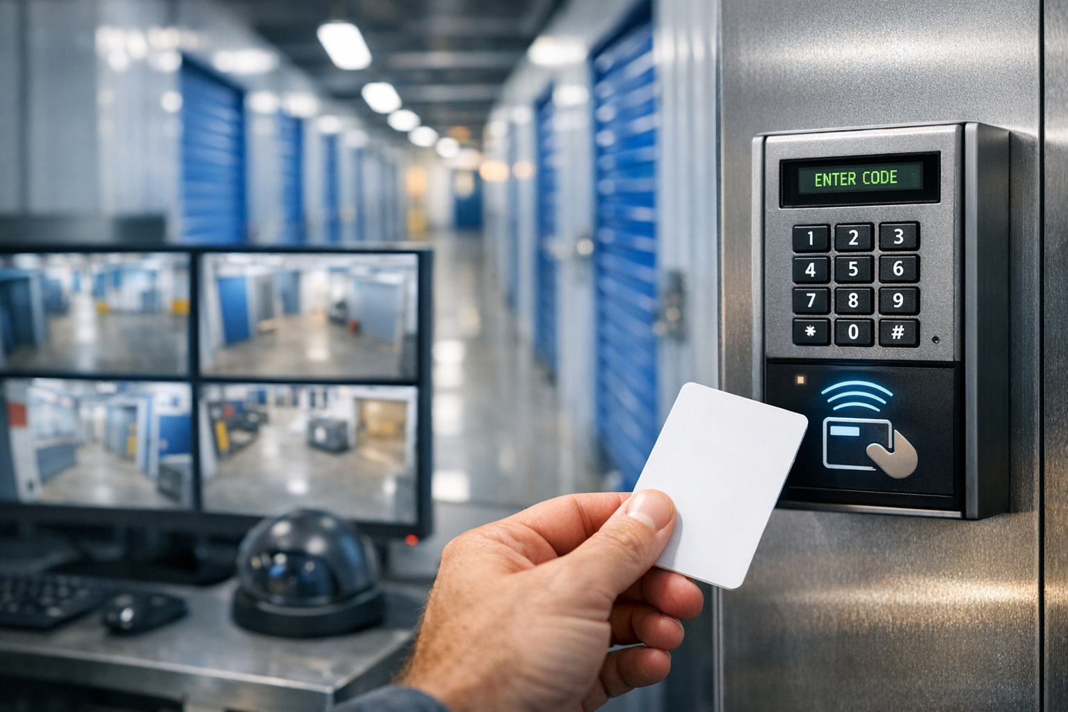 Nowoczesny obiekt self storage wyposażony w elektroniczny system kontroli dostępu z kartą RFID oraz monitoring wizyjny CCTV, umożliwiający całodobową ochronę przechowywanego mienia.