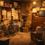 Garaż z lat 90. z pudłami, rowerem i starymi meblami, symbol przechowywania rzeczy w czasach ograniczonej przestrzeni w mieszkaniach.