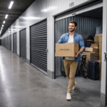 Mężczyzna wynoszący pudełko z nowoczesnego magazynu self-storage z grafitowymi drzwiami, wnętrze z boksami magazynowymi i przechowywanymi przedmiotami.