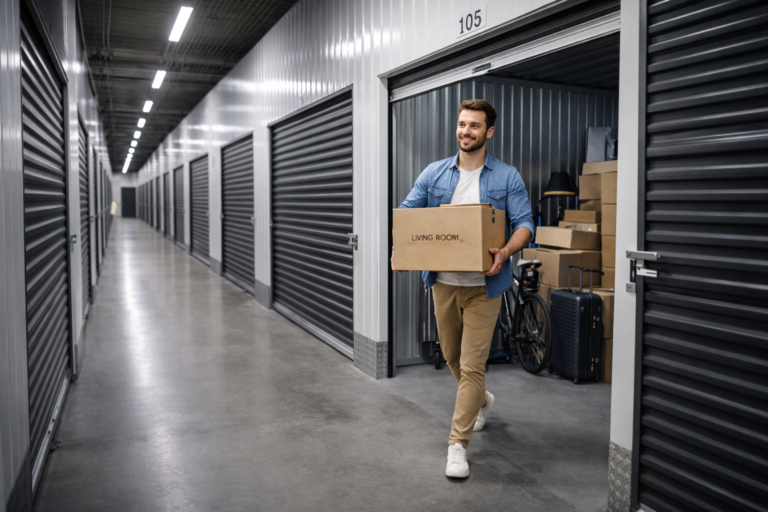 Mężczyzna wynoszący pudełko z nowoczesnego magazynu self-storage z grafitowymi drzwiami, wnętrze z boksami magazynowymi i przechowywanymi przedmiotami.