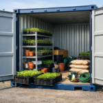 Zewnętrzny magazyn self storage w metalowym kontenerze z wiosennymi sadzonkami i akcesoriami ogrodowymi