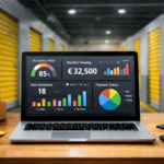 Dashboard do zarządzania magazynem self storage wyświetlany na laptopie z analizą obłożenia boksów i przychodów