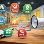 grafika przedstawiająca marketing i promocję usług self storage z megafonem oraz ikonami strategii reklamowych