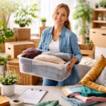 Kobieta robiąca wiosenne porządki w salonie, trzymająca pudełko z ubraniami